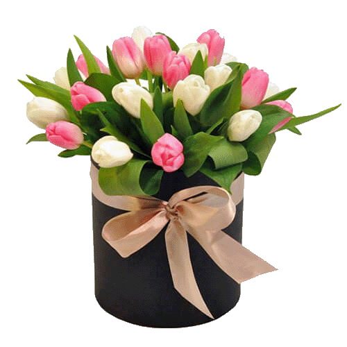 Фото товара 25 тюльпанов в шляпной коробке в Черкассах
