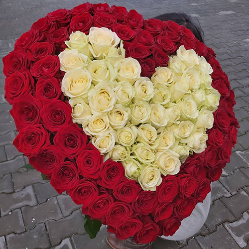 живе фото товару "Серце 101 троянда – червона і біла"
