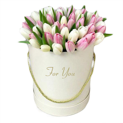 Фото товара 51 бело-розовый тюльпан в коробке в Черкассах