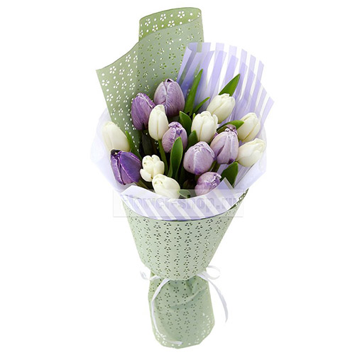 Фото товара 15 біло-фіолетових тюльпанів в Черкассах