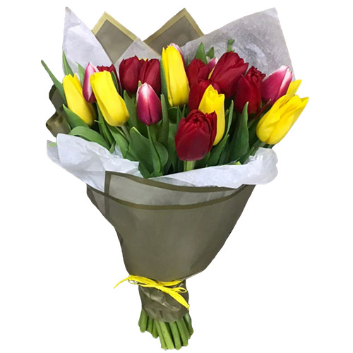 Фото товара 21 червоно-жовтий тюльпан у подвійному пакуванні в Черкассах