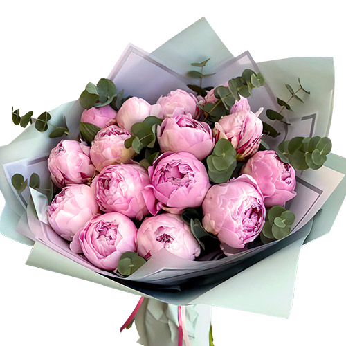 Фото товара 15 светло-розовых пионов с зеленью в Черкассах