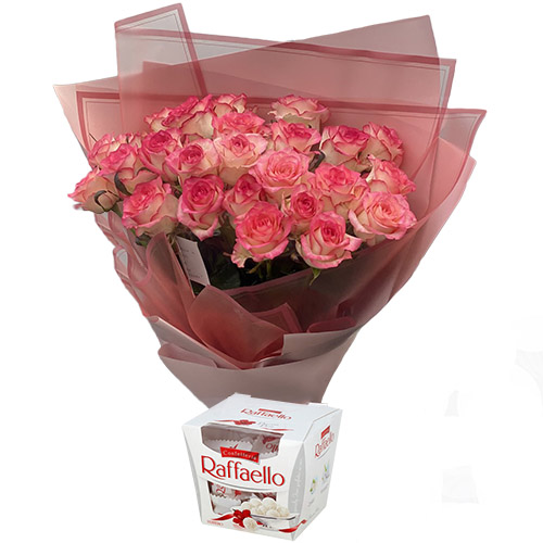 Фото товара 25 рожевих троянд із цукерками в Черкассах